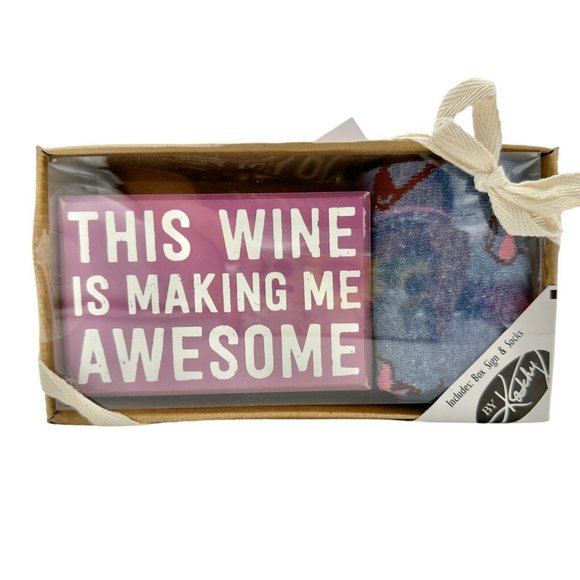 Primitives by Kathy Box Sign & Sock Set Sign 4.5 x3 Burgundy This Wine Socks NIB - Picture 1 of 5